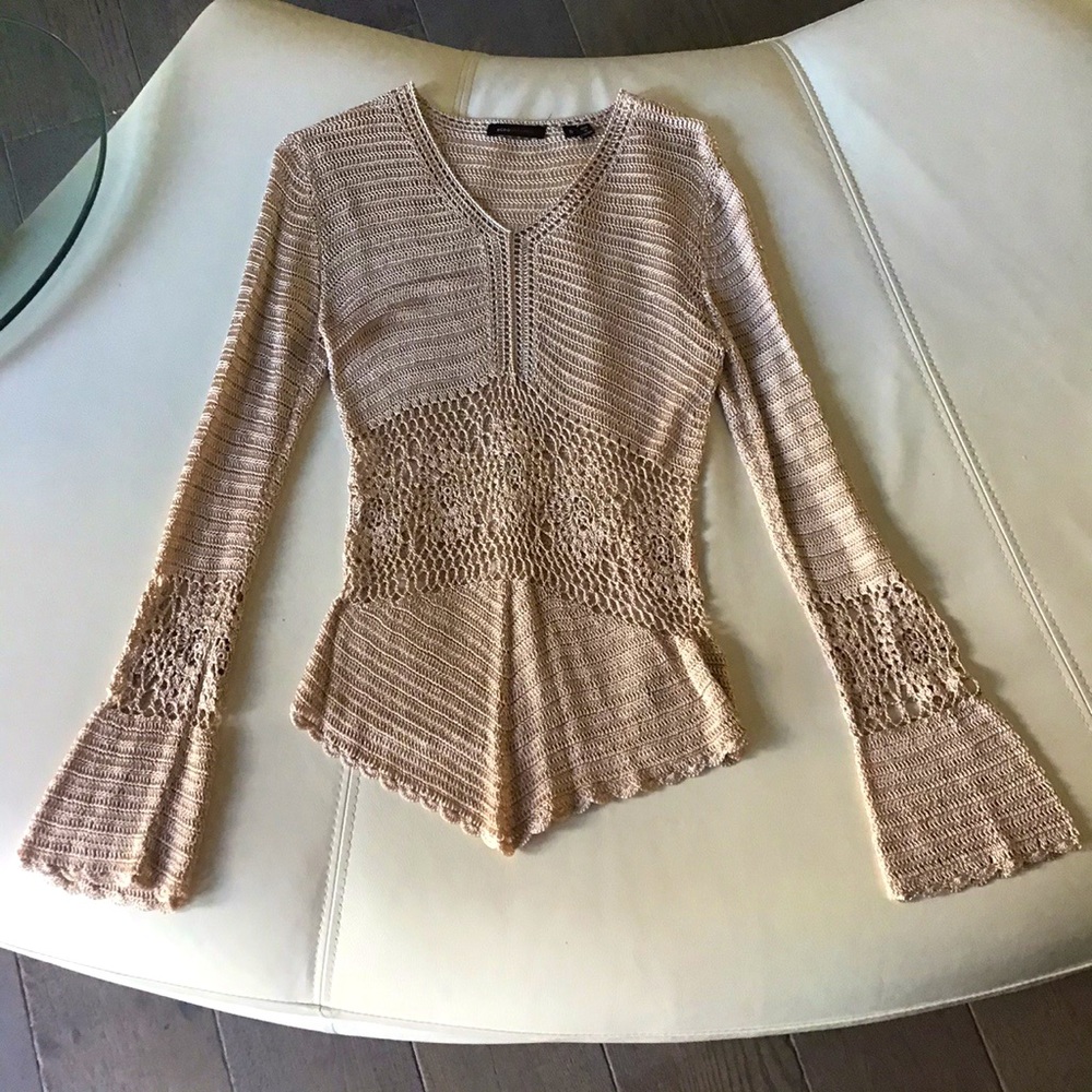 BCBG MaxAzria crochet vneck flared long sleeve top